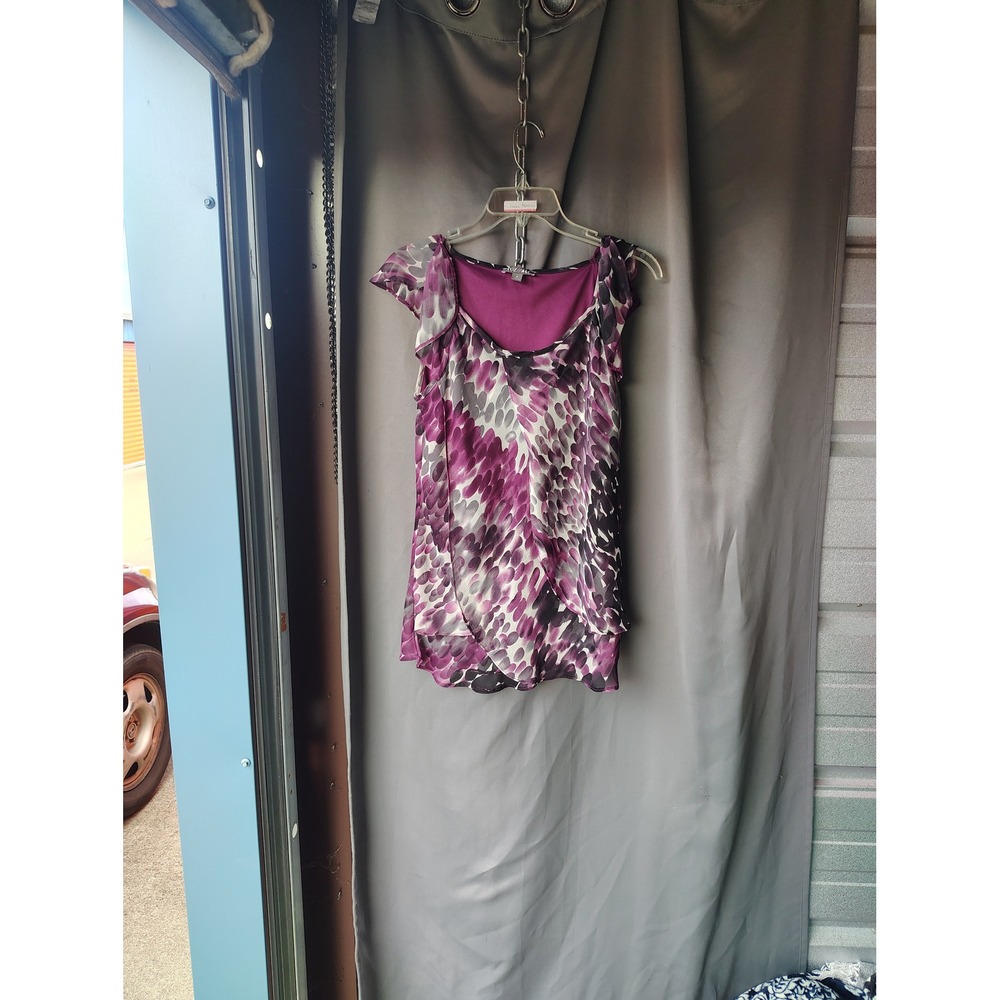 Roz &‎ Ali Womens Purple Abstract Petal Print Cap Sleeve Tiered Blouse Size M